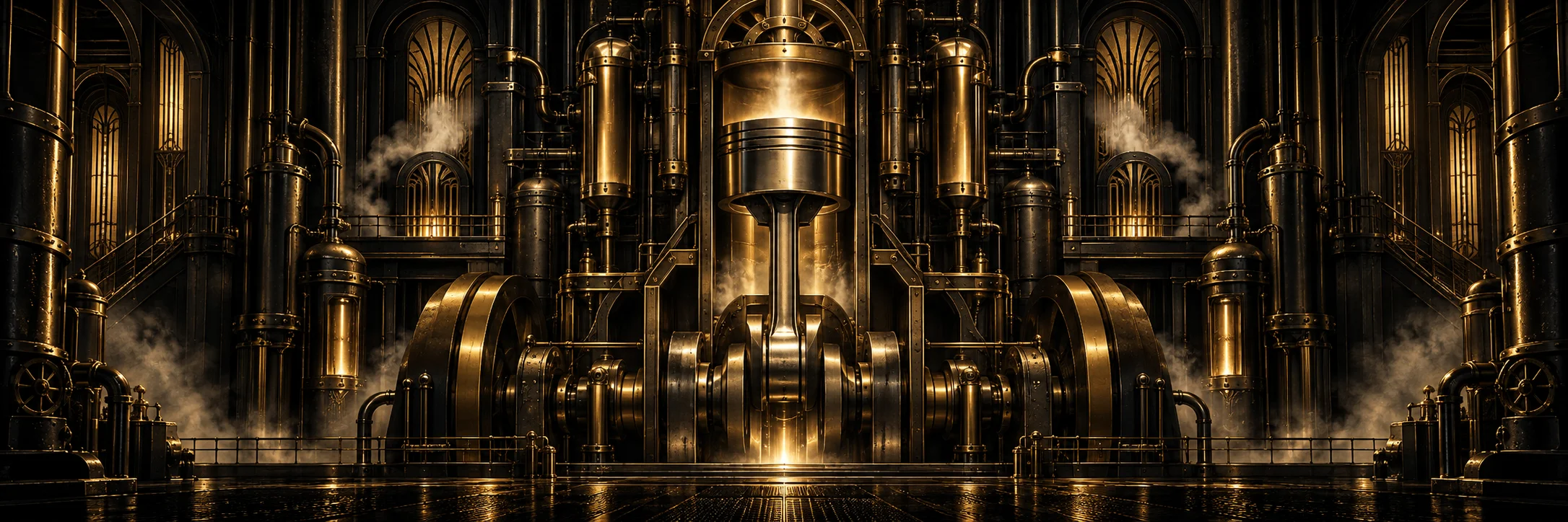 Symmetrical brass engine mid-stroke, piston and flywheels lit from within, steam venting into an art deco hall