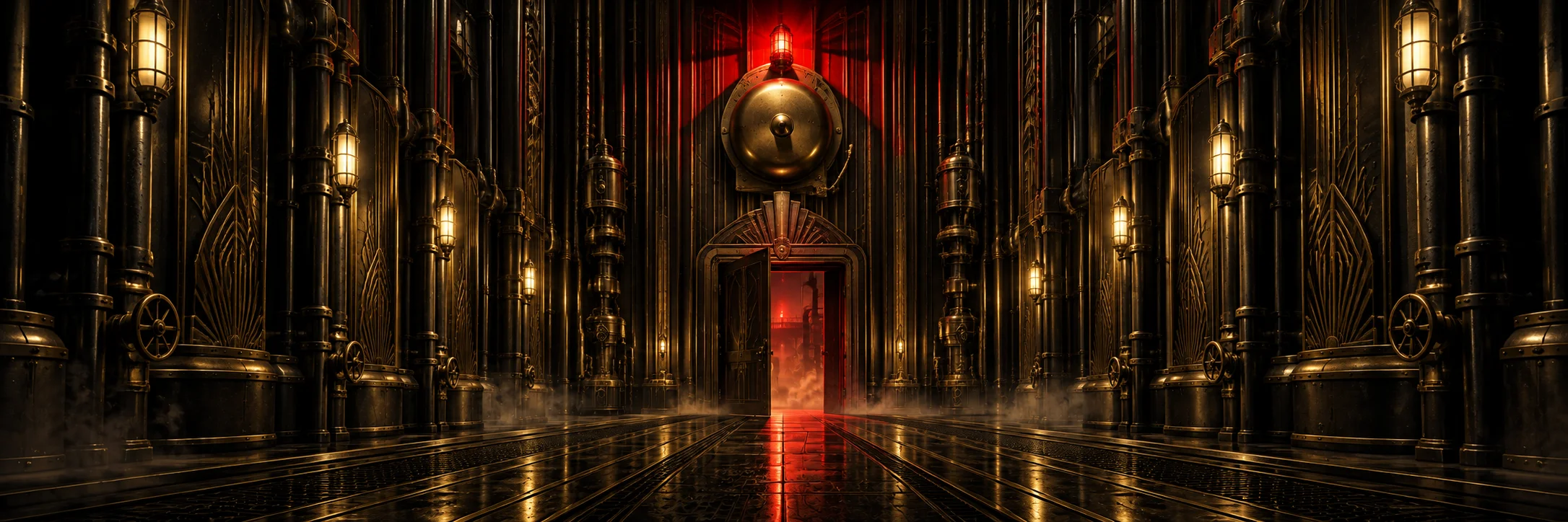Brass corridor lined with pipes and lamps, a large alarm bell above a door standing open at the far end, red light spilling across the wet floor