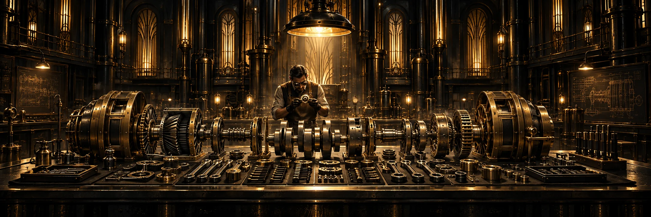 A large brass engine disassembled along a bench, crankshaft and gear housings laid out in order, a machinist in goggles examining one small gear under a pendant lamp