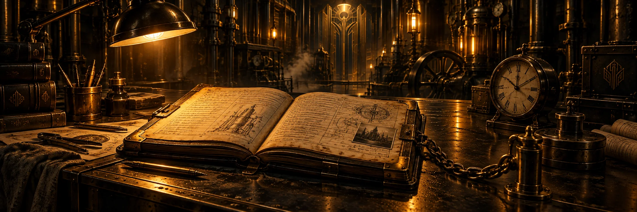 An open logbook chained to a brass desk under a lamp, dense handwritten entries and diagrams, a clock and rolled drawings beside it
