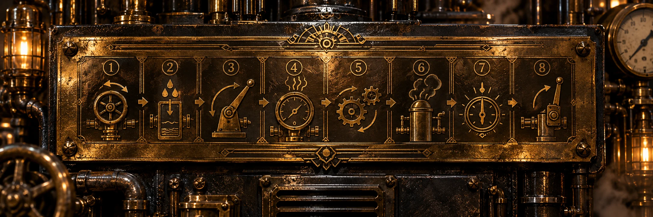 Engraved brass instruction plate riveted to a machine, a single row of eight numbered pictograms joined by arrows, a pressure gauge and lamp at the edges