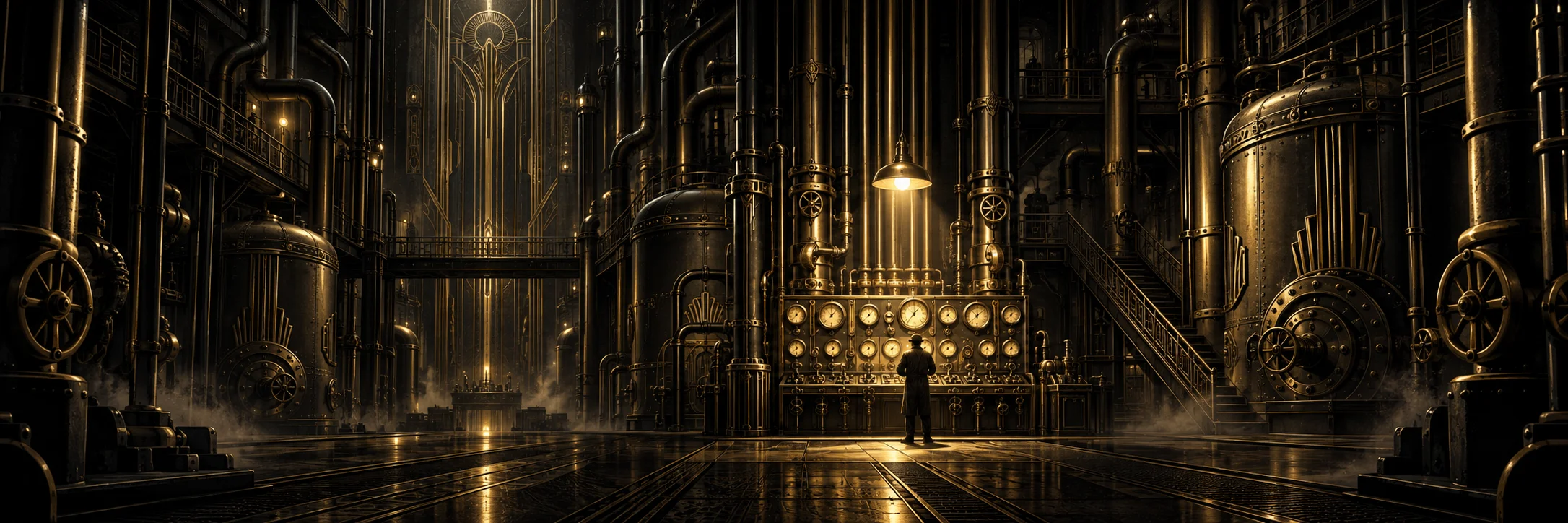 Cathedral-scale brass boiler hall at night, a single lamp over one gauge console where a lone figure stands, machinery receding into darkness on both sides
