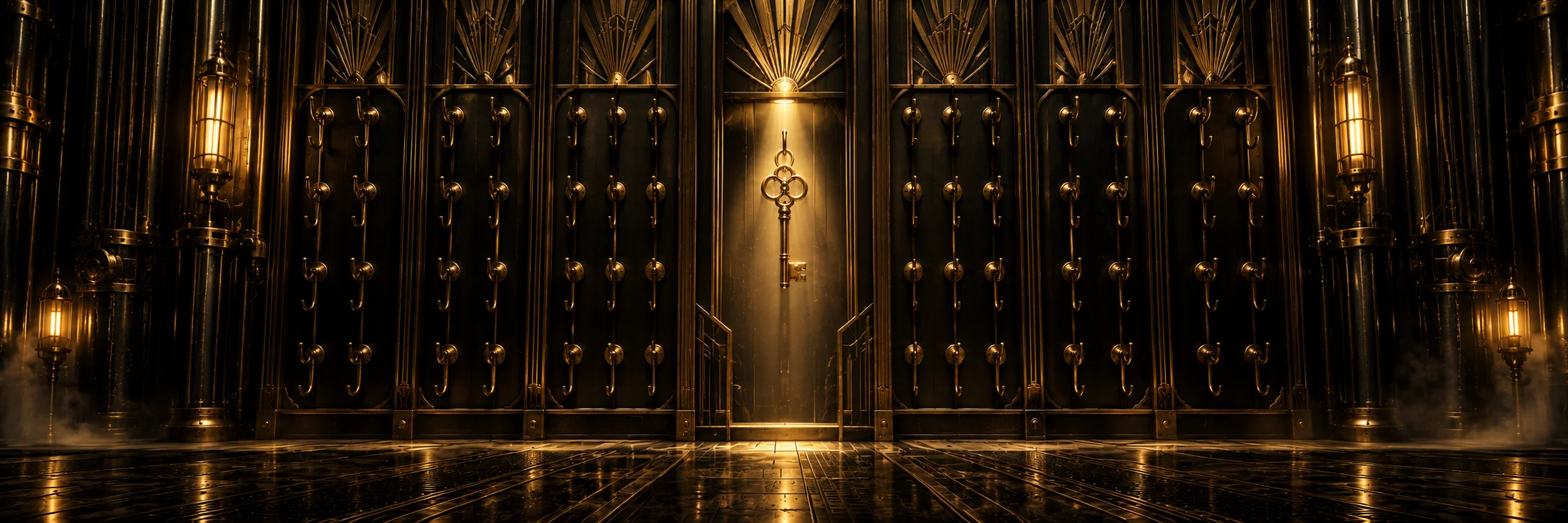 Art deco vault wall of brass key hooks in strict rows, nearly all of them empty, one ornate key hanging alone in a shaft of light