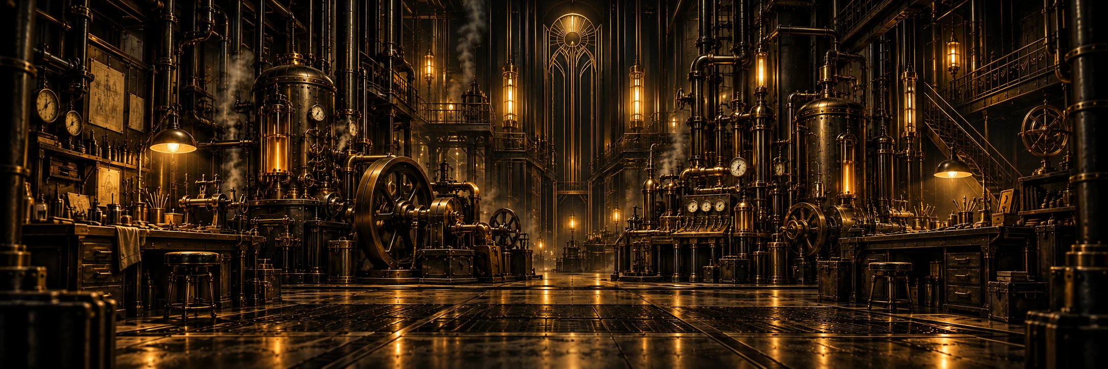 A long workshop hall lit in amber, benches and brass engines down both sides, blueprints pinned to the left wall, an art deco sunburst at the far end