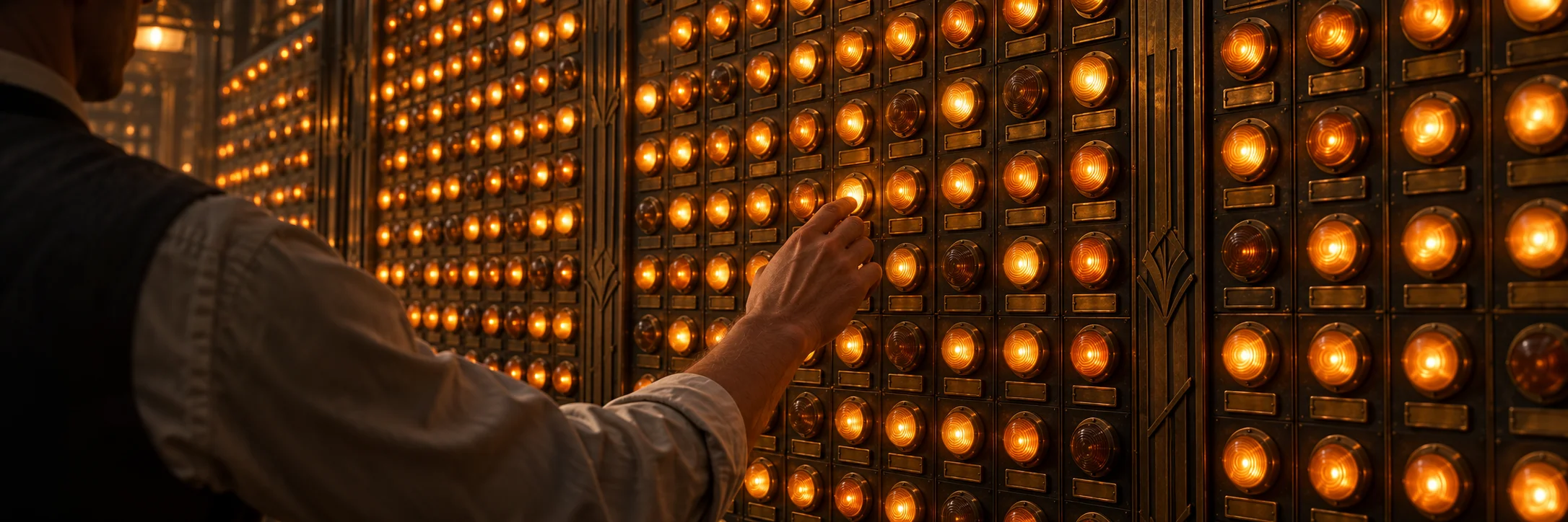 A wall of hundreds of lit amber warning lamps receding into the distance, a figure seen from behind reaching up to touch exactly one of them
